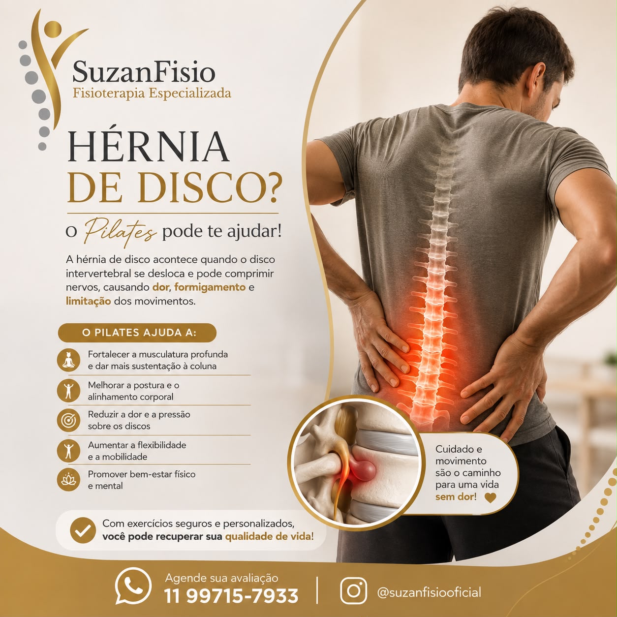 Cartaz oficial da SuzanFisio explicando como o Pilates pode ajudar quem tem hérnia de disco