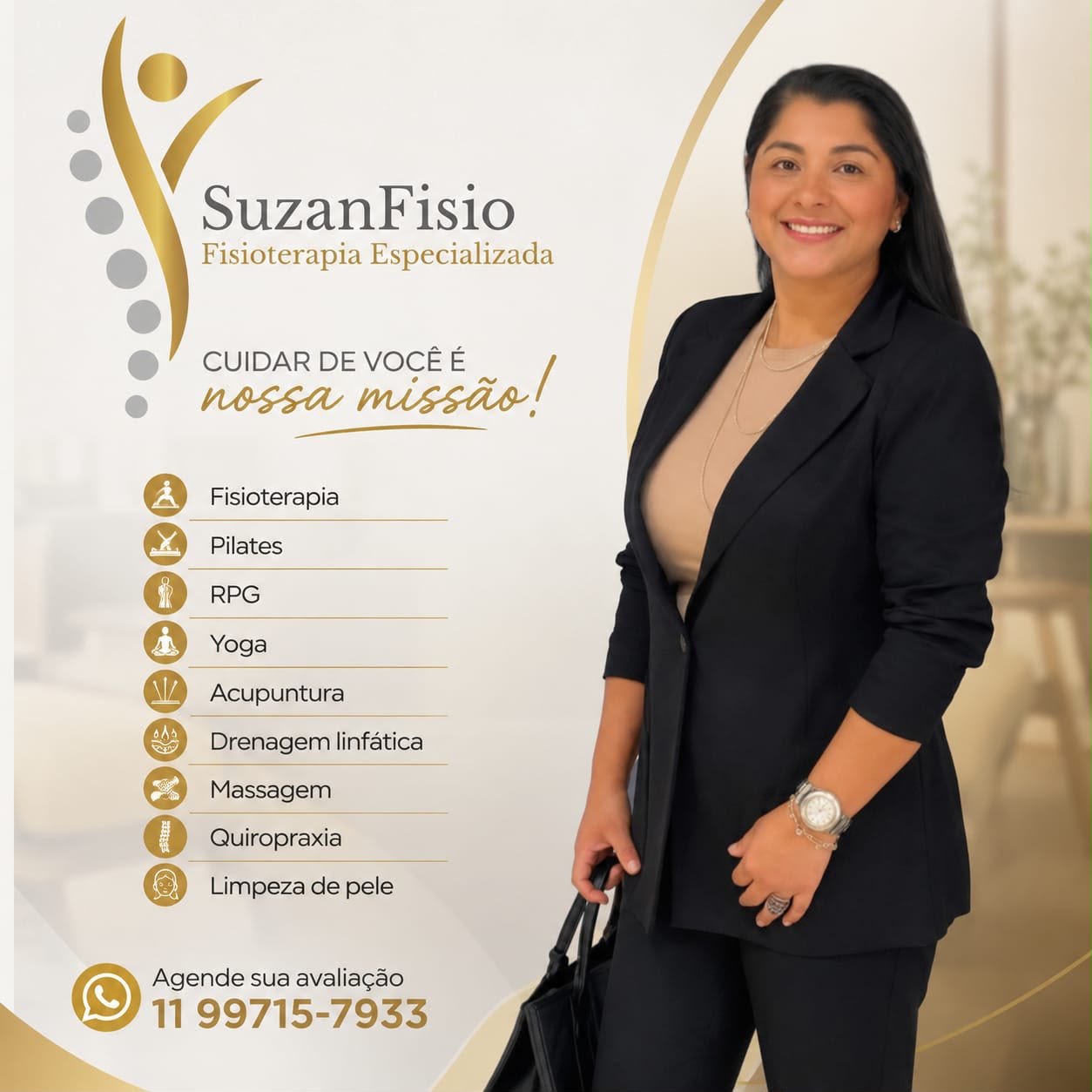 Cartaz oficial da SuzanFisio com a lista de especialidades da clínica e a profissional em primeiro plano
